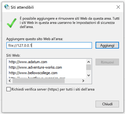 Aggiunta di un sito attendibile nelle proprietà Internet