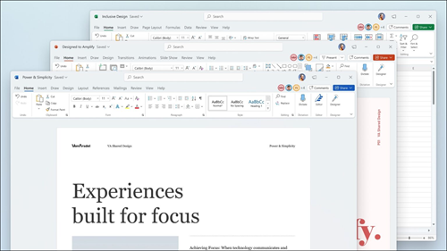 Word, Excel e PowerPoint visualizzati con aggiornamenti visivi sulla barra multifunzione e angoli arrotondati per adattarli all’interfaccia utente di Windows 11.