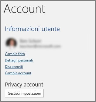 Riquadro Account con Privacy account e pulsante Gestisci impostazioni