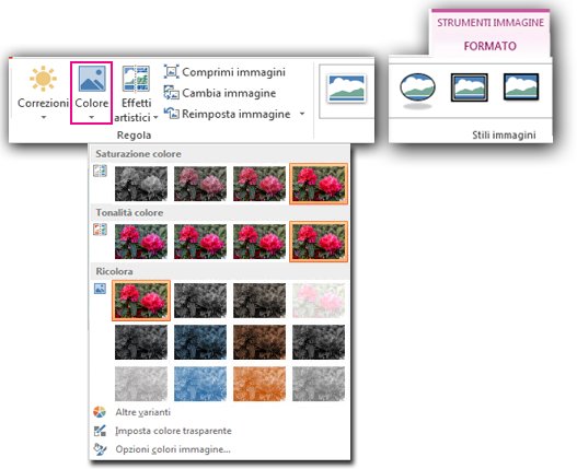 Menu del pulsante Colore aperto dalla scheda Formato in Strumenti immagine
