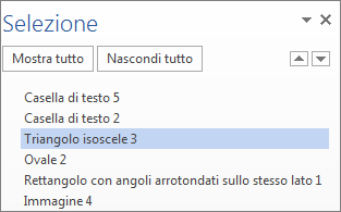 Riquadro di selezione che mostra tutte le forme e le caselle di testo, oltre a tutti gli oggetti WordArt e di altro tipo nel documento.