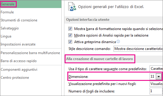 Opzioni nella finestra di dialogo Generale