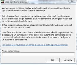 Finestra di dialogo Crea certificato digitale