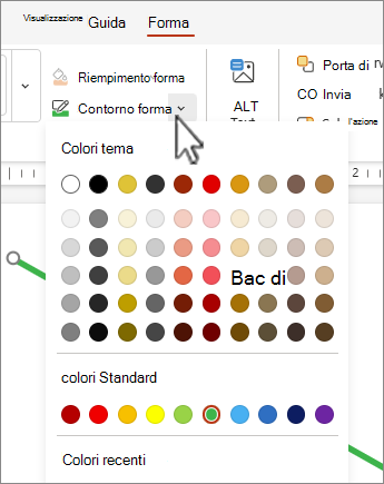 Nella scheda Forma, in Contorno forma, è possibile selezionare un colore da applicare alla forma selezionata.