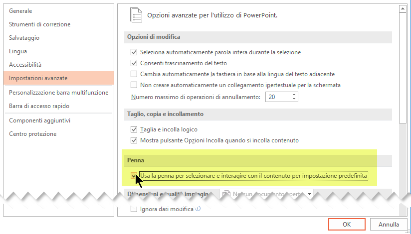 Per disattivare l'input penna per impostazione predefinita, seleziona l'opzione Usa la penna per selezionare e interagire con il contenuto per impostazione predefinita.