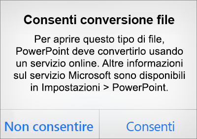 Avviso sulla privacy dei file ODF in PowerPoint per iPhone