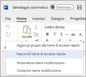 Immagine dell'opzione per nascondere la barra di accesso rapido