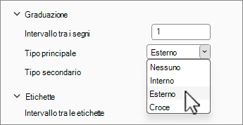 Sezione dei segni di graduazione e delle etichette del riquadro Formato asse