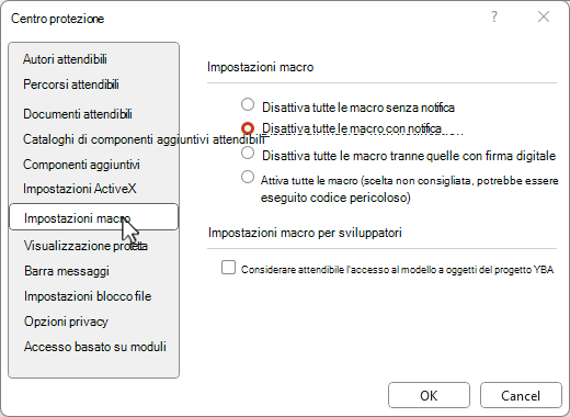 Impostazioni delle macro del Centro protezione