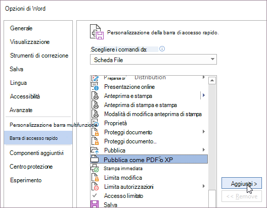 Comando Aggiungi in Opzioni