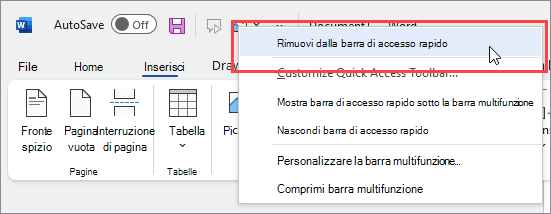 Rimuovere un comando dalla barra di accesso rapido
