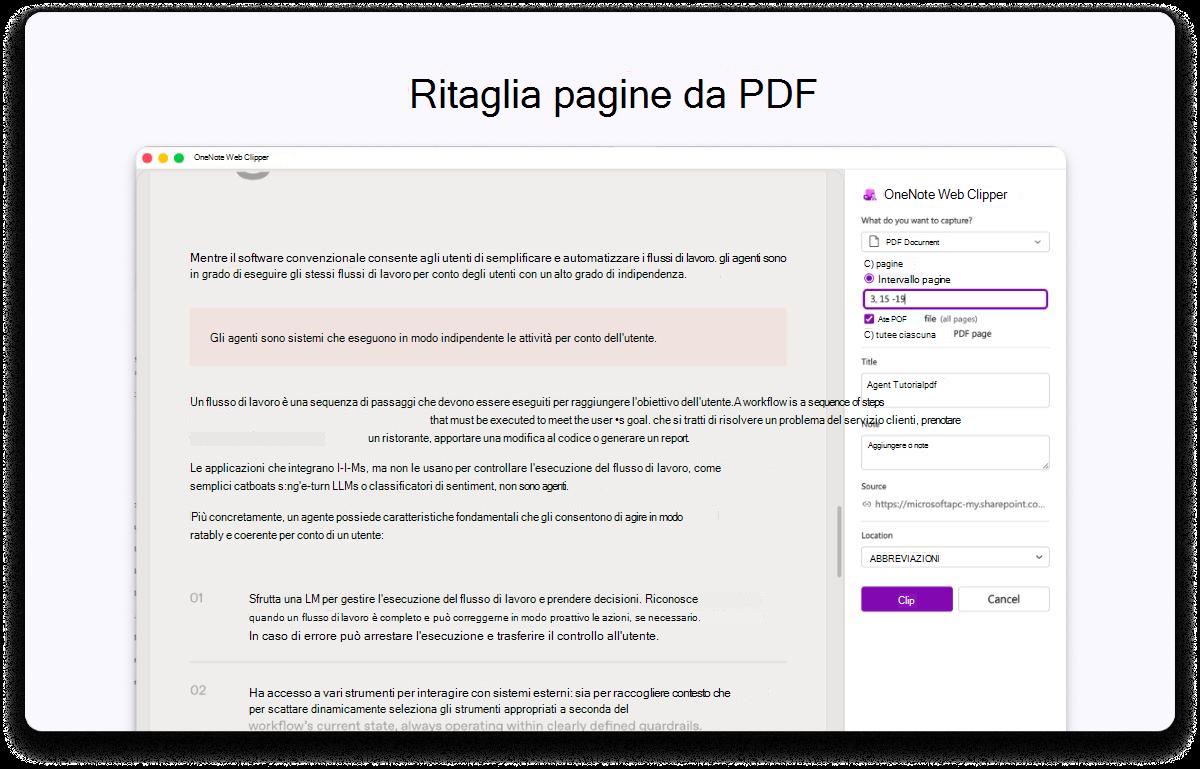 Screenshot di una pagina PDF con un pannello laterale per le impostazioni. Il testo nella parte superiore indica di ritagliare pagine da PDF.