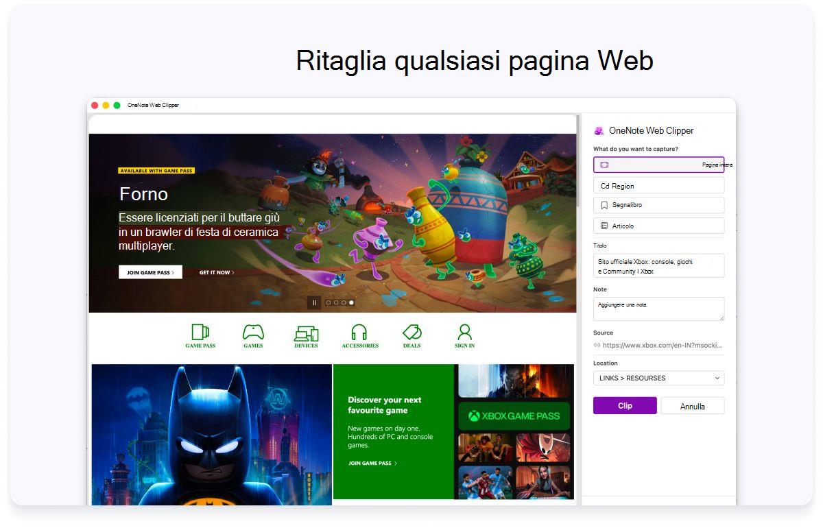 Screenshot di una pagina Web completa con un riquadro laterale per le impostazioni. Il testo nella parte superiore indica di ritagliare qualsiasi pagina Web.