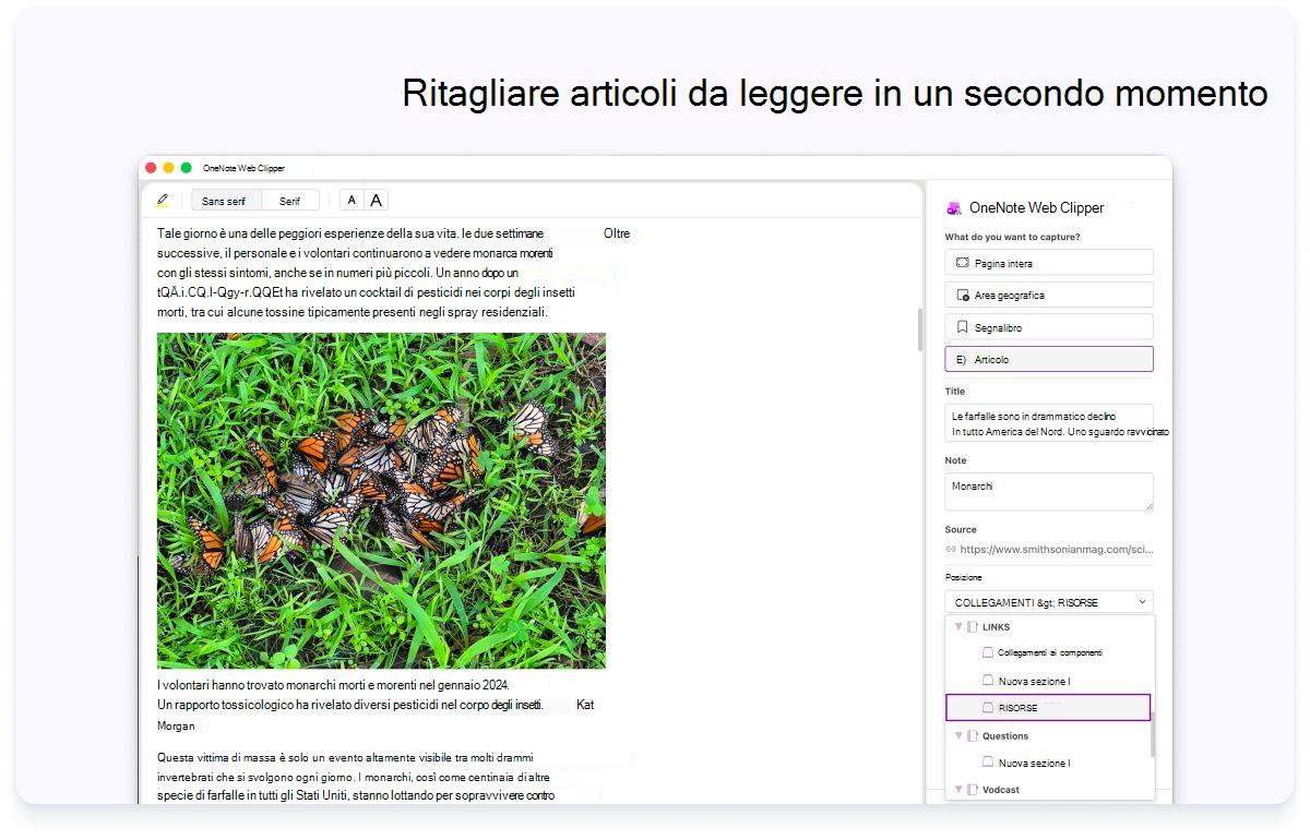 Screenshot di una pagina Web con un pannello laterale per le impostazioni. Il testo nella parte superiore indica di ritagliare gli articoli da leggere in un secondo momento.