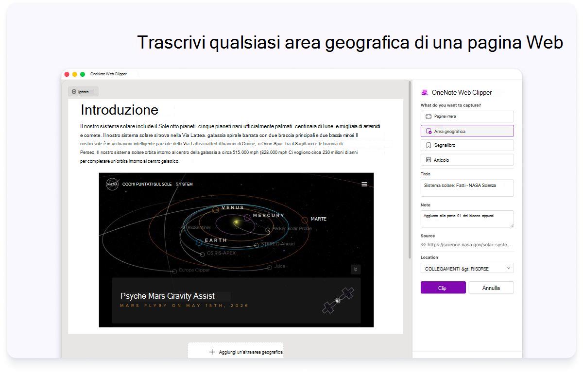 Screenshot di un'introduzione a una pagina Web con un riquadro laterale per le impostazioni. Il testo nella parte superiore indica di acquisire qualsiasi area di una pagina Web.