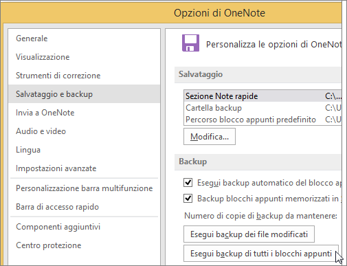 Screenshot of the OneNote Options dialog box in OneNote 2016.