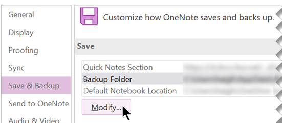 Screenshot della finestra di dialogo Opzioni di OneNote per il backup di una cartella