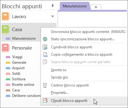 Screenshot che illustra come chiudere un blocco appunti in OneNote 2016.