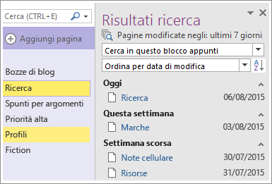 Screenshot dei risultati della ricerca di un intervallo di date in OneNote 2016.