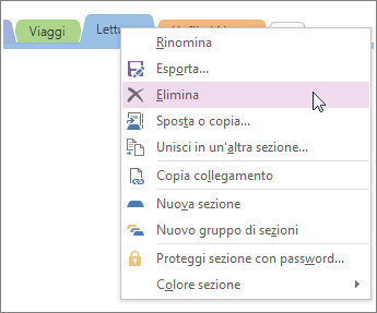 Screenshot of how to delete a section in OneNote 2016.