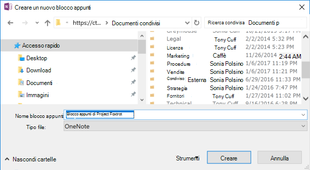 Finestra di dialogo Crea nuovo blocco appunti di OneNote per Windows 2016