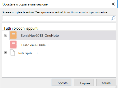 Finestra di dialogo Sposta o copia sezione di OneNote per Windows 2016
