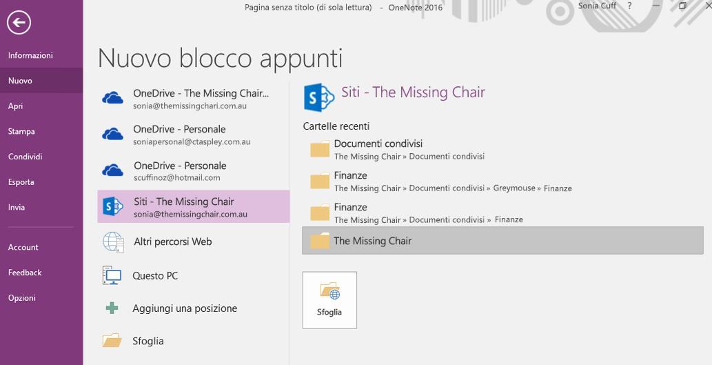 Interfaccia di selezione della cartella di un nuovo blocco appunti di OneNote per Windows 2016