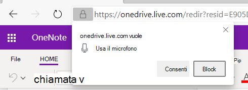 Screenshot delle autorizzazioni di dettatura di OneNote.