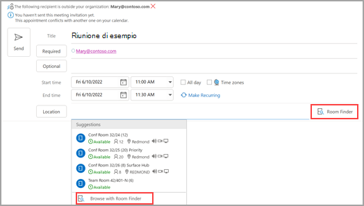 Immagine del menu a discesa per Ricerca sala nel pulsante Posizione.