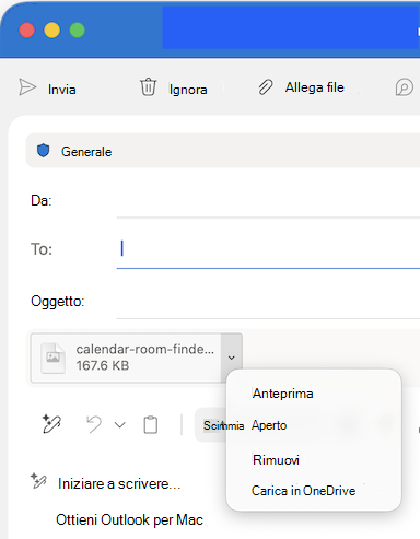 Opzioni dell'elenco a discesa Allega file in Outlook per Mac
