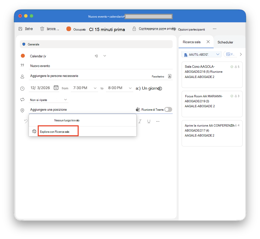 Esplora con Ricerca sala in Outlook per Mac