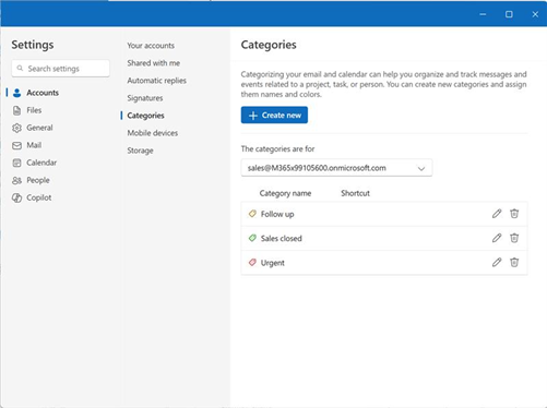 Pagina Gestione categorie che mostra la cassetta postale condivisa nel selettore dell'account