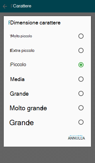 Elenco selezioni delle dimensioni del carattere