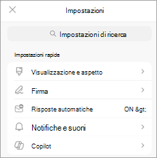 Mostra le Impostazioni in un dispositivo mobile, con Copilot elencato in Impostazioni rapide.