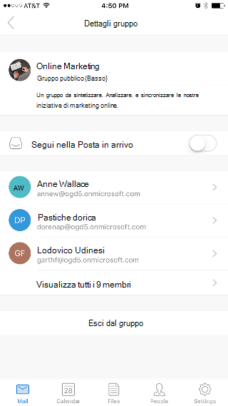 Mostra la pagina Dettagli gruppo, con l'interruttore Segui in Posta in arrivo nella parte superiore.