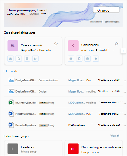 I gruppi usati di frequente e i file recenti sono accessibili dall'esperienza Gruppi in Outlook.