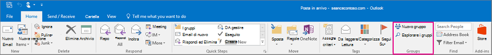 Opzioni di Gruppi sulla barra multifunzione di Outlook