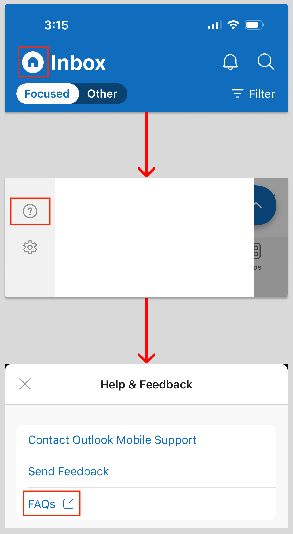 Questa immagine illustra come accedere alle impostazioni delle domande frequenti in Outlook per iOS.