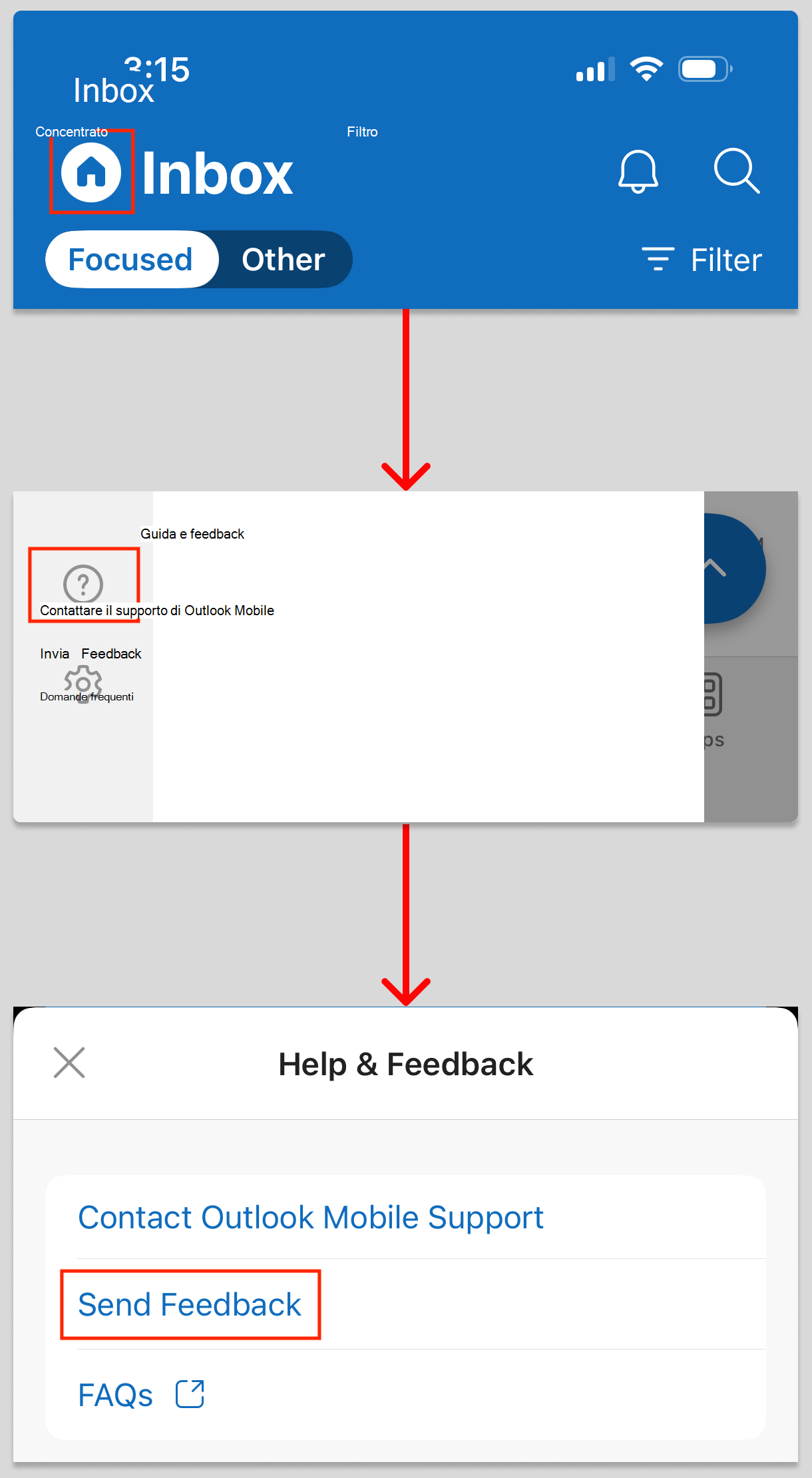 Questa immagine illustra come accedere alla funzionalità Invia feedback in Outlook per iOS.