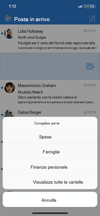 Mostra una cartella Posta in arrivo con una finestra di dialogo Opzioni cartella e un'opzione per visualizzare tutte le cartelle.