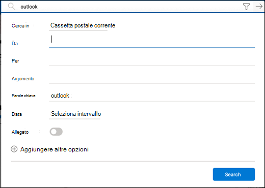 Menu del filtro per la ricerca.