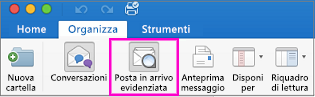 Pulsante Posta in arrivo evidenziata nella scheda Organizza della barra multifunzione