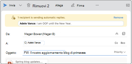 Lo screenshot mostra un esempio dell'aspetto dei suggerimenti per i messaggi.