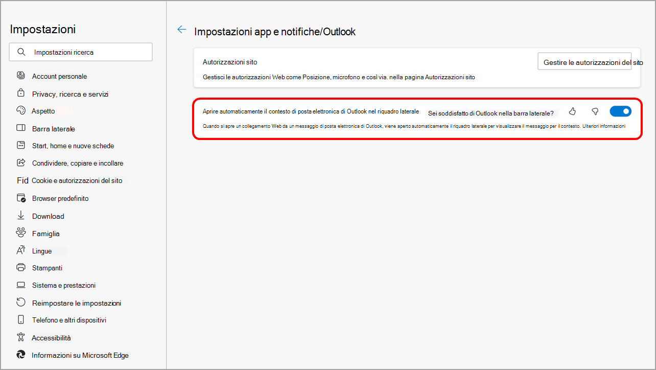 Disattiva l'apertura del contenuto di Outlook nel riquadro laterale di Microsoft Edge dalle impostazioni della barra laterale di Microsoft Edge.