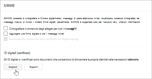 Screenshot che mostra la pagina S/MIME in Impostazione e importazione nelle sezioni ID digitali