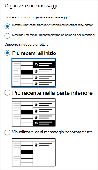 Screenshot della sezione Impostazioni > layout posta> che mostra la sezione Organizzazione messaggi