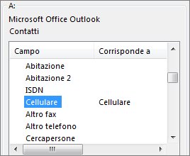 Colonna Tel. cell. mappata al campo Cellulare di Outlook