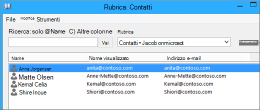 Quando i contatti vengono importati da Google Gmail in Office 365, vengono visualizzati nella Rubrica: Contatti