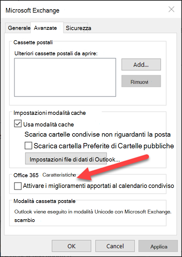 È possibile attivare i miglioramenti del calendario condiviso con una casella di controllo.