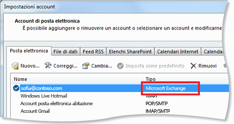 Esempio di account di Exchange nella finestra di dialogo Impostazioni account